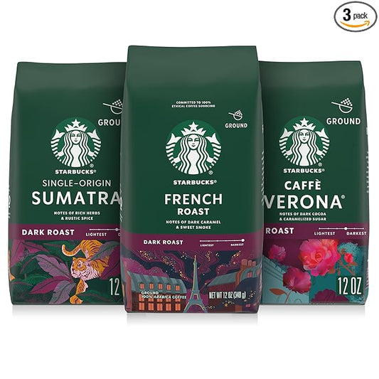 Starbucks Ground Coffee, Dark Roast Hot or Iced Coffee, Variety Pack, Three 12 oz Bags