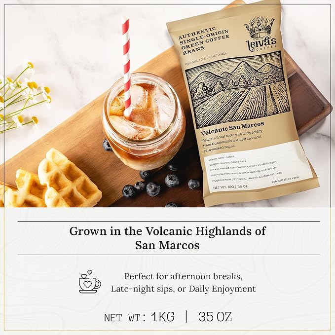 Leiva’s Unroasted Green Coffee Beans (1kg) – Volcanic San Marcos Single Origin Coffee w/Floral Notes – Washed, Shade Grown Organic Guatemala Beans – Lively Acidity, Whole Bean Unroasted Blend
