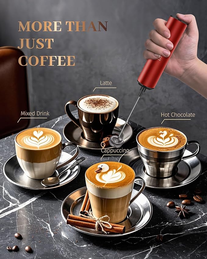 INFOOD Milk Frother Rechargeable with Cover - Coffee Frother Wand, Drink Mixer Handheld with 2 Detachable Stainless Whisks 2 Speed Adjustable for Latte, Cappuccino, Hot Chocolate, Egg, Red