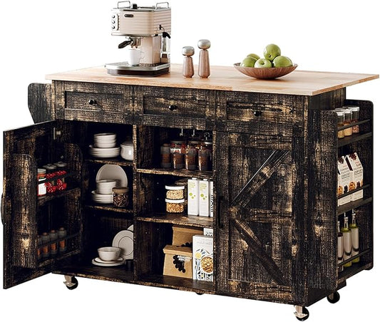 VINGLI Kitchen Island with Storage, 52" Rolling Kitchen Cart with 3 Drawers & Shelves, Drop Leaf Design, Mobile Island with Barn Doors, Towel & Spice Rack for Kitchen & Dining, Black & Gold