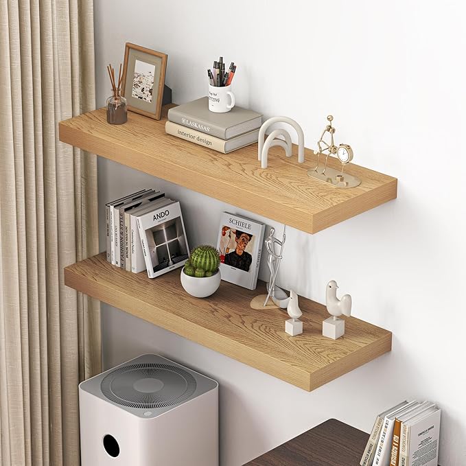 Dreamland 40" Floating Shelves for Wall, 12" Deep Thicker Oak Floating Shelves, Wall-Mounted Shelves for Bedroom, Living Room, Kitchen, Bathroom - Set of 2