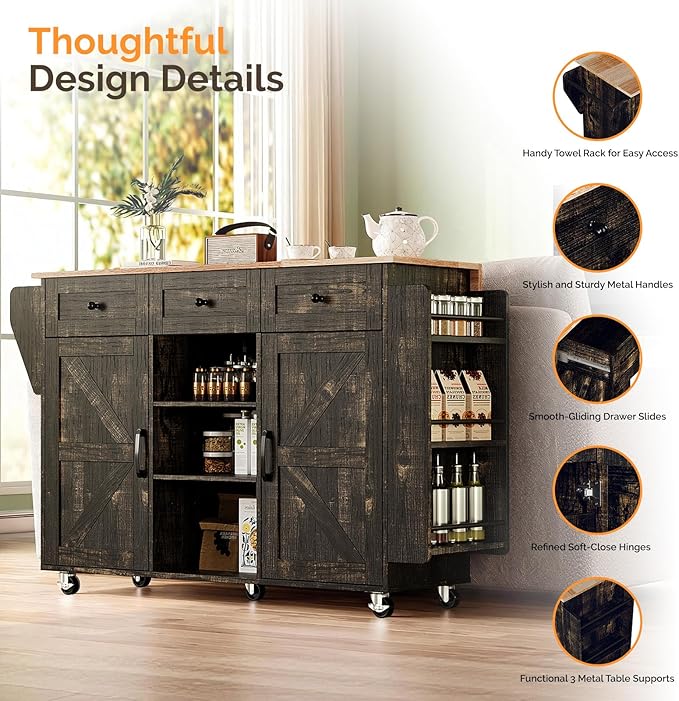 VINGLI Kitchen Island with Storage, 52" Rolling Kitchen Cart with 3 Drawers & Shelves, Drop Leaf Design, Mobile Island with Barn Doors, Towel & Spice Rack for Kitchen & Dining, Black & Gold