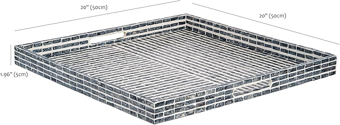 PEMAR Extra Large Square 20" Capiz Shell Ottoman Tray with Insert Handles, Oversized Decorative Luxury Wooden Serving Tray for Food, Coffee Table, Breakfast in Bed (Grey-White Stripes)
