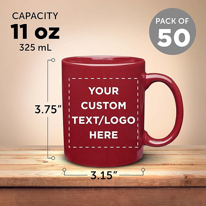 Custom Ceramic Coffee Mugs 11 oz. Set of 50, Personalized Bulk Pack - Coffee cup set, Iced coffee cup, Gaming mug - Red