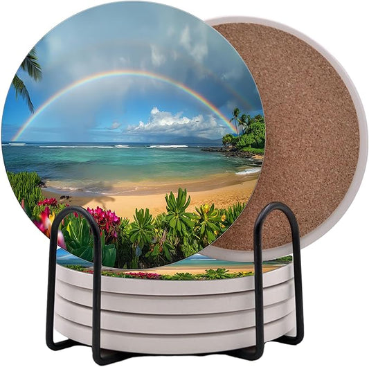 Summer Sunshine Beach Season Leaves Round Coasters Set of 6 - Abosrbent Ceramic Coasters with Metal Stand for Drinks, Coffee, Non-Slip Cork Back for Tabletop Protection, 4 Inches (Rainbow)