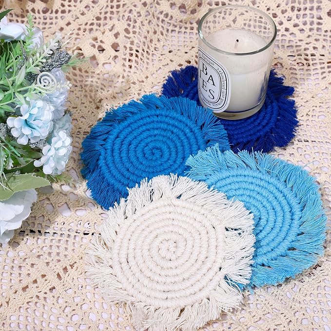 Whaline 4Pcs Boho Macrame Coasters Blue Handmade Woven Drink Coasters Farmhouse Rustic Cup Mat Pad for Home Kitchen Office Table Desk Housewarming Gift Party Table Decor