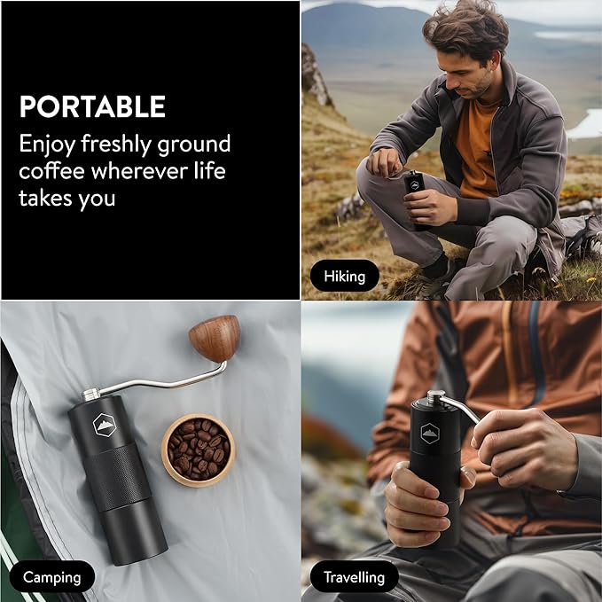 Tough Outdoors Manual Coffee Grinder - Portable Hand Crank with Real Wood Knob & Stainless Steel Burr Adjustable Grind - Indoors or Outdoors - Home Use Travel & Camping - Black