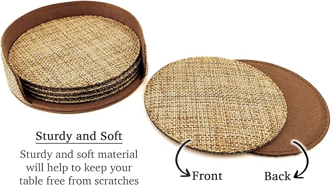 Smile Art Design Burlap Coaster Set of 6 with Base Blank Round Burlap Textile Material Personalized Gifts Natural Decor House Warming Farmhouse Living Room Kitchen Wedding Rustic Home Decor