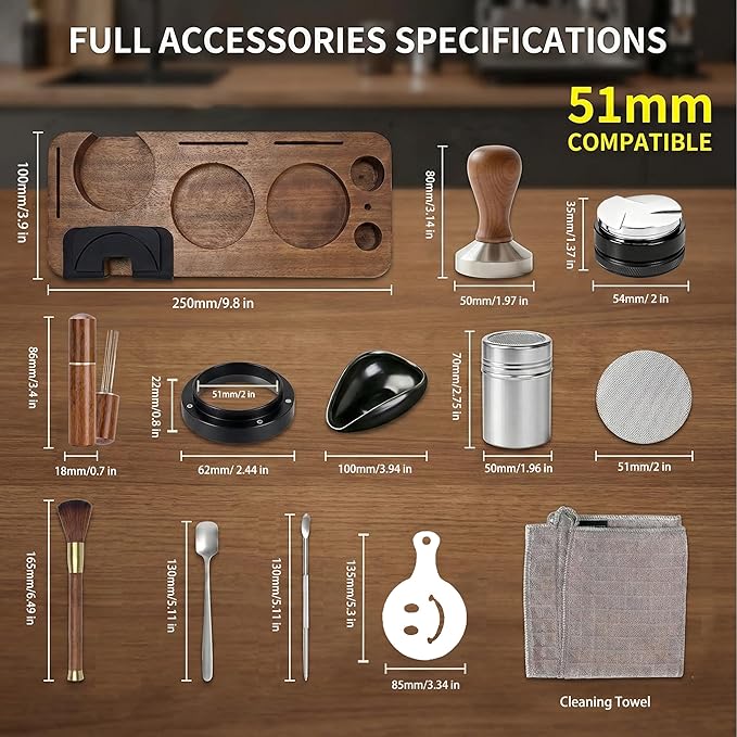28PCS Espresso Accessories Kit, 51mm Espresso Tamper Tools, Espresso Machine Accessories Set with Wood Station, Distributor, WDT Tool, Puck Screen, Dosing Funnel, Powder Shaker, Latte Pen & Stencils
