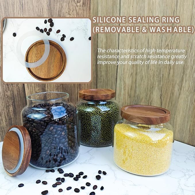 1PC Glass Storage Jars with Airtight Lids, 64 fl oz (1900ml) coffee container with Wooden Lid, Glass Pantry Canister for Beans, Rice, Sugar and etc