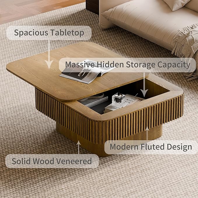 SZTHHDF Square Coffee Table for Living Room,Fluted Drum Accent Tea Center Table with Storage,Solid Wood Modern Coffee Tables for Small Space Office Apartment (31.5" L×31.5''W×14''H-Brown)