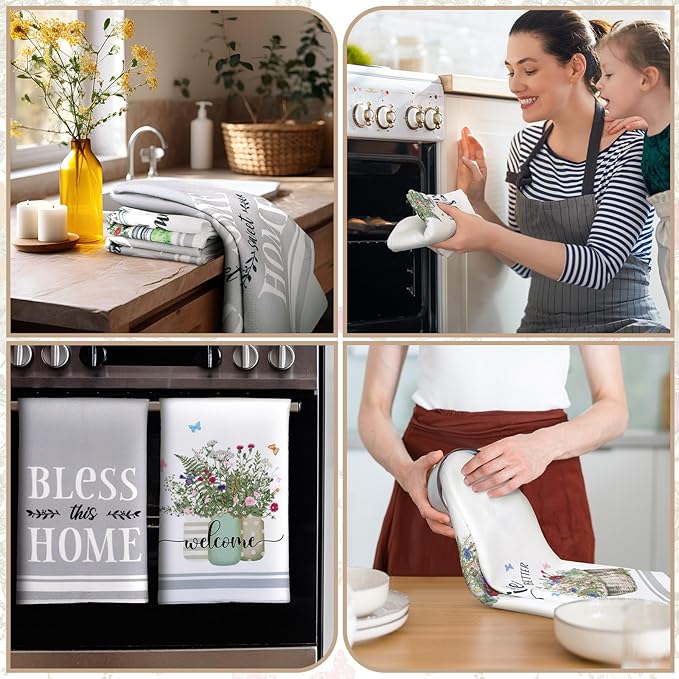 Boyiee Set of 6 Floral Kitchen Towels Wildflower Dish Towels Butterfly Truck Tea Towels 24 x 16 Inches Absorbent Hand Towels Flower Lover Housewarming Gifts for Farmhouse Kitchen Bathroom Decorations
