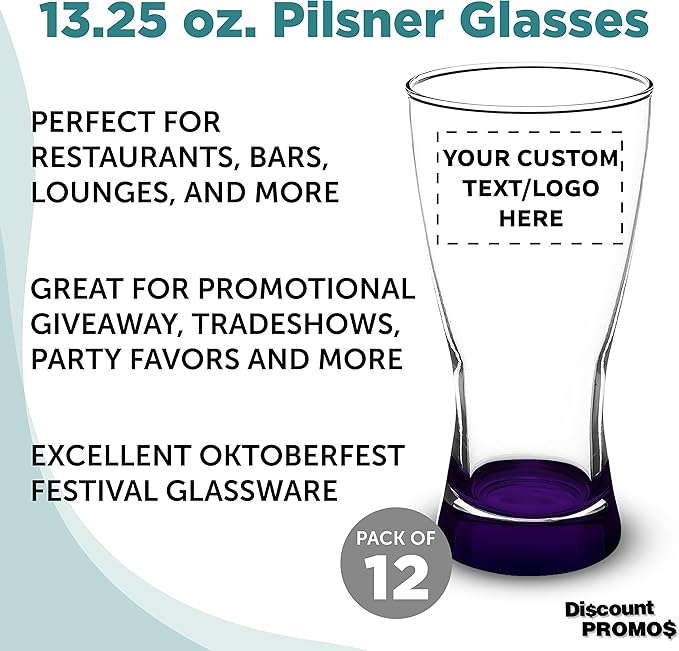 Custom Pilsner Glasses 13.25 oz. Set of 12, Personalized Bulk Pack - Made in the USA, Perfect for Hotels, Restaurants, Bars and Even Party Favors - Purple