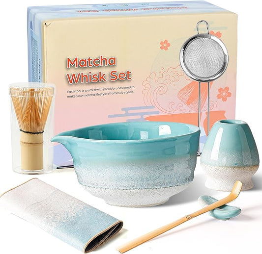 Matcha Whisk Set, Ceramic Matcha Kit Desert Style, Matcha Whisk and Bowl, Bamboo Scoop and Rest, Sifter and Tea Towel, 7 Pcs Gifts for Matcha Lover - Mint Green