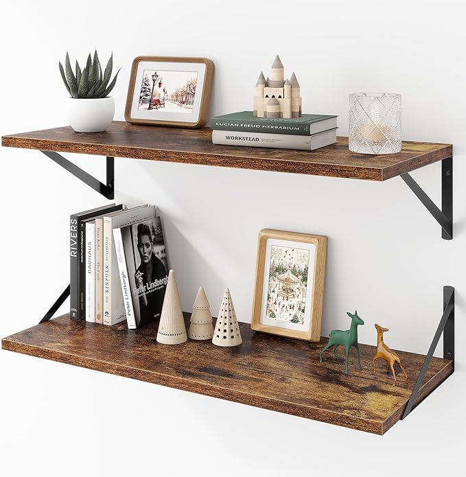 Deep Floating Shelves Wall Mounted, 30"x12" Brown Wood Shelves with Brackets Set of 2 for Bedroom, Living Room, Bathroom, Kitchen, Office - Storage & Display Shelf for Decor, Books, Plants