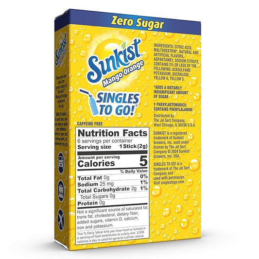 Sunkist Soda Mango Orange Singles To Go Drink Mix, 12 Boxes with 6 Packets Each - 72 Total Servings