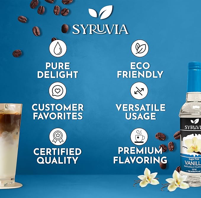 Syruvia Sugar Free Coffee Syrup, Vanilla Flavored Syrup for Drinks, Lattes, and Desserts – 25.4 fl oz, With Pump