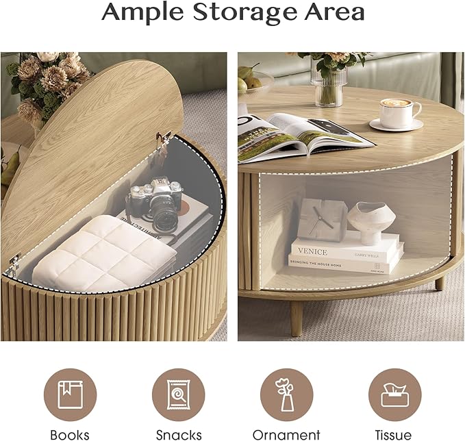 Round Coffee Table with Storage, 31.5" Natural Oak Fluted Center Table with Sliding Door, Modern Circle Drum Table for Living Room, Scandi Wood Furniture for Small Spaces
