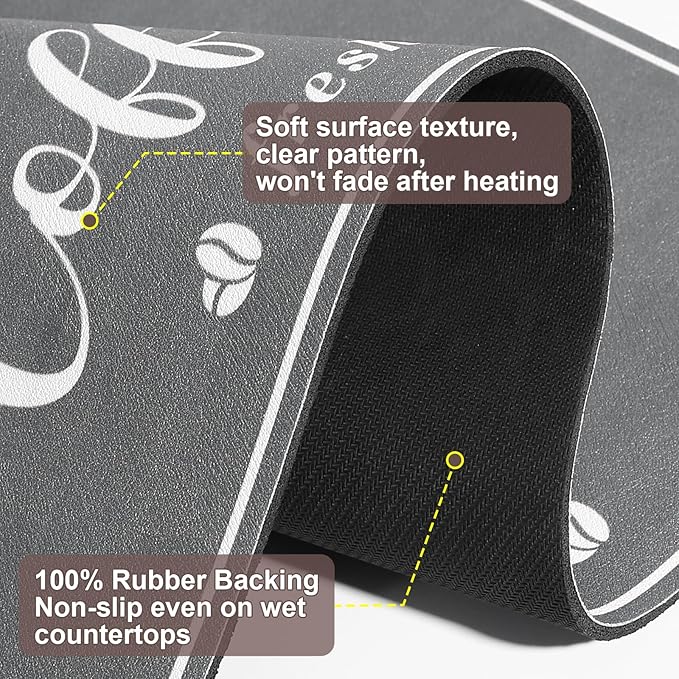 Absorbent Coffee Mat, Fashion Dish Drying Mat for Kitchen Counter Coffee Bar Accessories Espresso Machine Dish Rack 12" x 20" Dark Grey