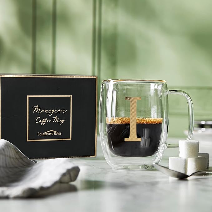 COLLECTIVE HOME - Double Walled Glass Coffee Mugs, Insulated Coffee Mug with Handle, Personalized Gifts for Women, Men, Christmas, 14 oz Monogram Cups (I)