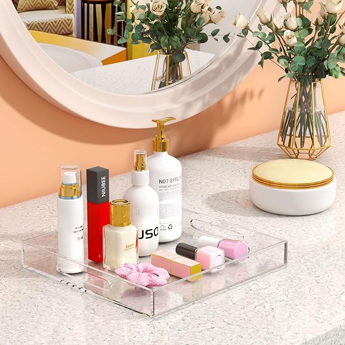 NIUBEE Clear Serving Tray 15x15 Inches - Spill-Proof Acrylic Organizer with Handles for Coffee Table, Ottoman & Countertop | Decorative Tray for Breakfast in Bed, Drink Serving & Home Organization