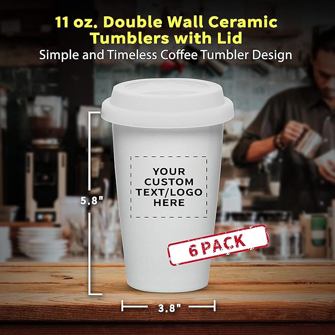 Personalized 11 oz. Double Wall Ceramic Tumblers with Lid - 6 Pack - Custom Text, Logo - White