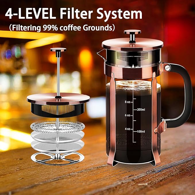 YMMIND French Press Coffee Maker 304 Stainless Steel Coffee Press,with 4 Filters System, Heat Resistant Thickness Borosilicate French Press Glass, BPA-Free Brewed Tea Pot Coffee Plunger(Copper 12oz)