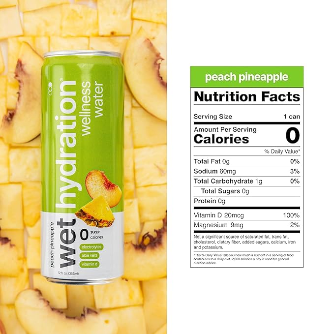 Wet Hydration | Functional Wellness Water, Non-Carbonated - Peach Pineapple (12 Ounce Cans, Pack of 12) - Flavored Water, Hydration Drink, No Sugar, No Artificial Ingredients, Zero Calories (Packaging May Vary)