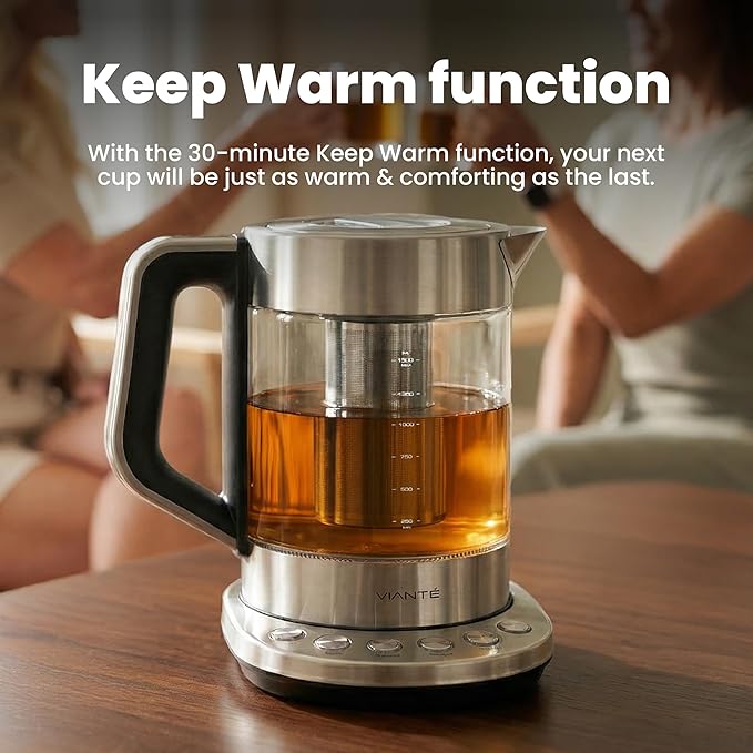 Vianté Electric Kettle With Infuser. No Plastic In Contact With Water. Hot Tea Maker With Temperature Control And Automatic Shut Off. Tea Kettle With Brewing Programs. 1.5 Liters Capacity
