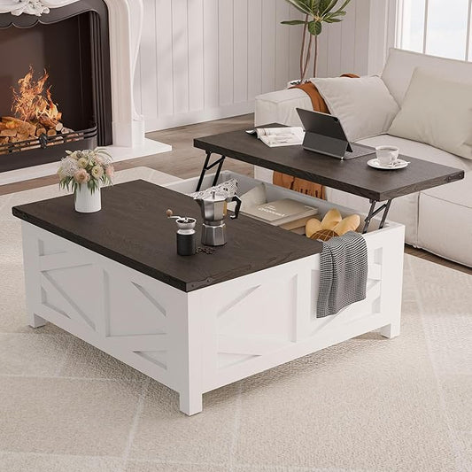TOLEAD 36" Farmhouse Lift Top Coffee Table with Storage, Square Coffee Table with Charging Station, Living Room Center Table with Large Hidden Space, White