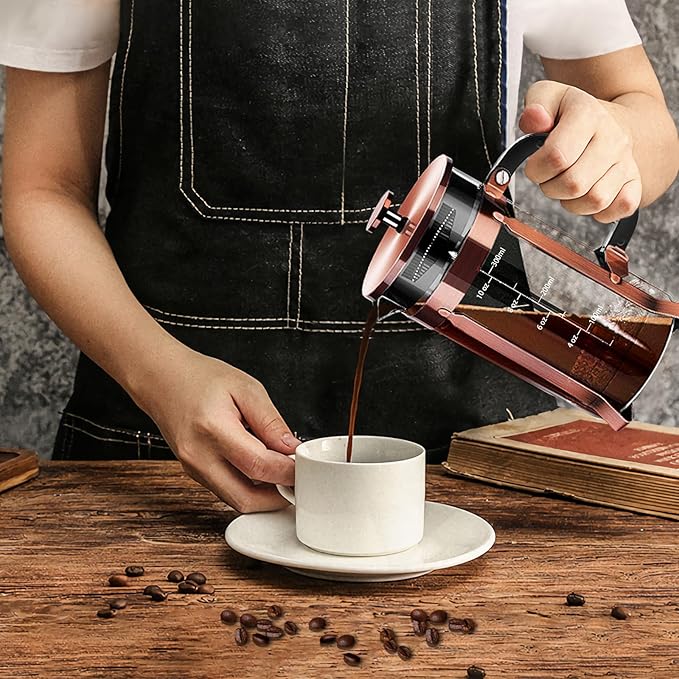 YMMIND French Press Coffee Maker 304 Stainless Steel Coffee Press,with 4 Filters System, Heat Resistant Thickness Borosilicate French Press Glass, BPA-Free Brewed Tea Pot Coffee Plunger(Copper 12oz)