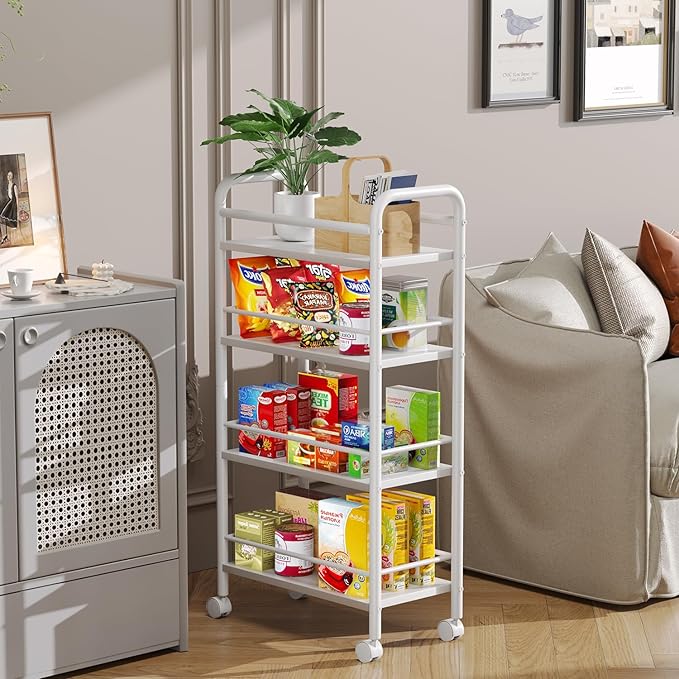Slim Storage Cart, 4-Tier Small Rolling Cart with Wheels, 9.1" Deep, Narrow Bathroom Shelf Trolley for Kitchen, Bathroom, Laundry Room, White Large 4-Tier (9.1" W x 33.6" H)