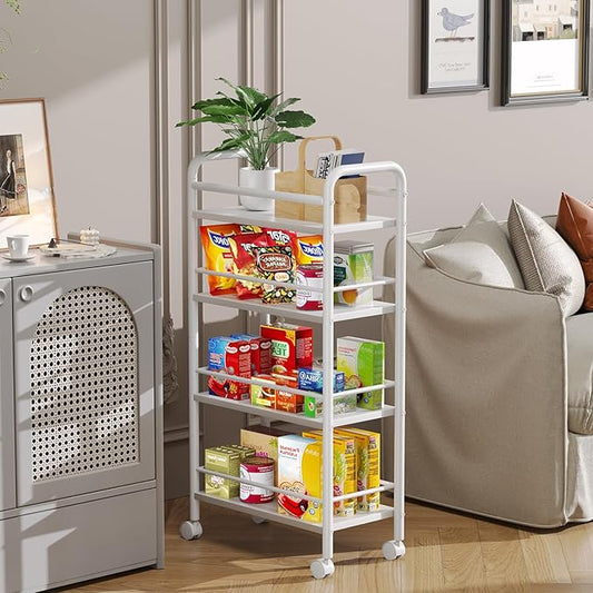 Slim Storage Cart, 4-Tier Small Rolling Cart with Wheels, 9.1" Deep, Narrow Bathroom Shelf Trolley for Kitchen, Bathroom, Laundry Room, White Large 4-Tier (9.1" W x 33.6" H)