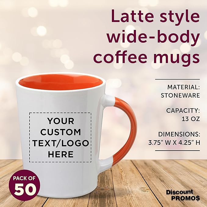 Custom Ceramic Latte Coffee Mugs by Albany 13 oz. Set of 50, Personalized Bulk Pack - Perfect for Coffee, Tea, Espresso, Hot Cocoa, Other Beverages - Orange