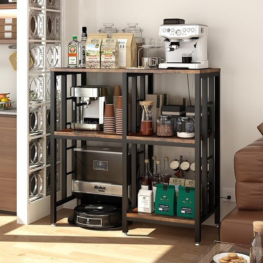 Adjustable Kitchen Bakers Rack with Power Outlet,4-Tier Microwave Stand Kitchen Cart,Mini Fridge Stand with Storage,Bar Cabinet,Suitable for Office,Coffee Bar,Living Room,Patio,Rustic Brown
