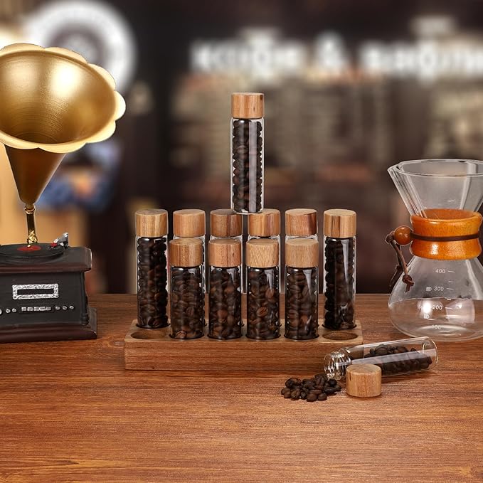 JUXYES Set of 12 Single Dose Coffee Bean Storage Tubes with Wooden Stand and Lids, Dosing Glass Vials for Coffee Storage, Coffee Bean Container Cellars, Espresso Bean Canisters Set, 2 fl oz, 1.7 fl oz