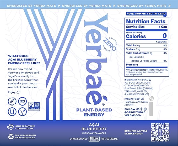 Yerbaé Energy Seltzer - Acai Blueberry, No Sugar/Calories/Carbs. Energized by Yerba Mate, Naturally Caffeinated, Plant-Based, Healthy Alternative to Coffee Sugary Sodas, Pack of 12, 12oz cans