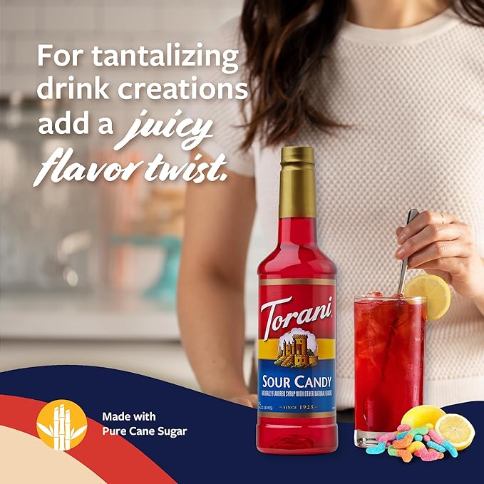 Torani Sour Candy Syrup for Drinks, Flavoring for Iced Tea, Lemonade, Sodas, and Cocktails, Pump Included, 25.4 Oz