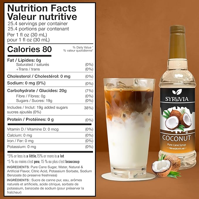 Syruvia Coffee Syrup, Coconut Flavored Syrup for Drinks, Lattes, and Desserts – 25.4 fl oz