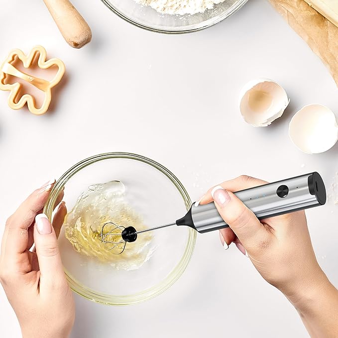 Handheld Milk Frother Wand Rechargeable with Stand - Stainless Steel Double Whisk Milk Frother Handheld -Coffee Stirrers Electric Drink Mixer - Coffee Frother