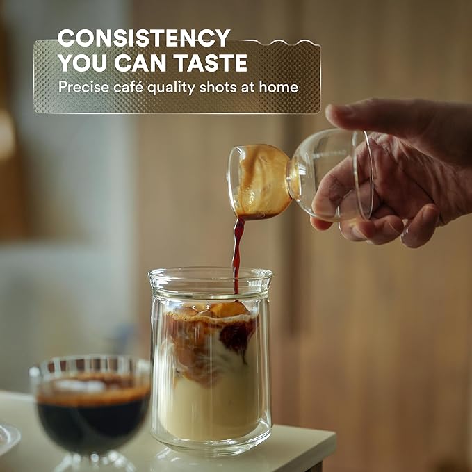 ovalware Espresso Shot Glass Set of 2 | 30ml/1oz and 60ml/2oz Dual-Dose Stackable Borosilicate Cups | Cool-Touch Thermal Base | Oval Measurement Dots for Consistent Espresso Shots