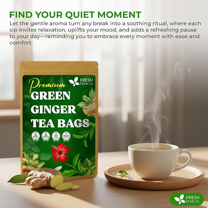 FreshDrinkUS, Premium Green Ginger Tea | 75 Tea Bags | Sencha Green Tea with Ginger, Lemongrass, Turmeric, Hibiscus & Peppermint | Natural Herbal Blend | Comfort & Refreshing, Vegan
