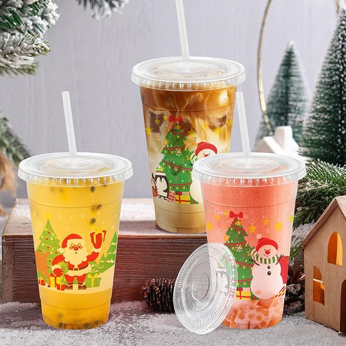 Clawsoff Christmas 20 OZ 50 Pack Plastic Cups with Lids and Straws, Sturdy Food Safe Iced Clear Coffee Cups Disposable Smoothie Cups for Cold Drinks