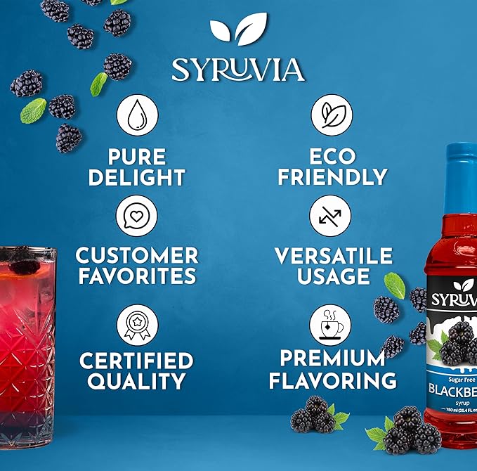 Syruvia Sugar-Free Blackberry Syrup, Flavored Syrup for Drinks, Cocktails, Lemonades, Iced Teas, and Desserts – 25.4 fl oz, With Pump