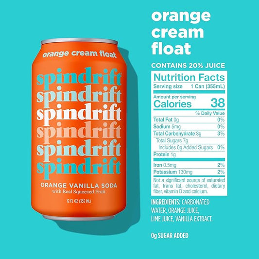 Spindrift "Orange Cream Float" Orange Vanilla Soda Made with Real Squeezed Fruit 12 Pack Case