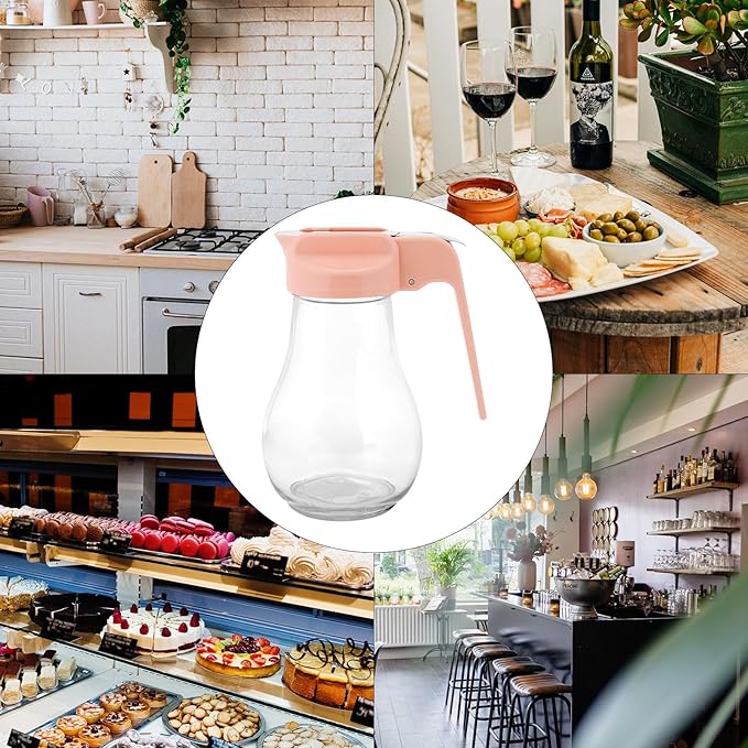 13.5 Oz Syrup Dispenser, No-Drip Pourers for Maple Syrup, Oil Dispenser Bottle with Non-Slip Handle, Honey Jar & Sirop Container, Reusable Syrup Bottle for Kitchen (Pink)
