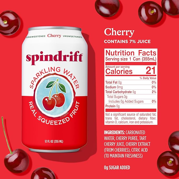 Spindrift Sparkling Water, Cherry Flavored, Made with Real Squeezed Fruit, 12 Fl Oz Cans, Pack of 24 (Only 21 Calories per Can)