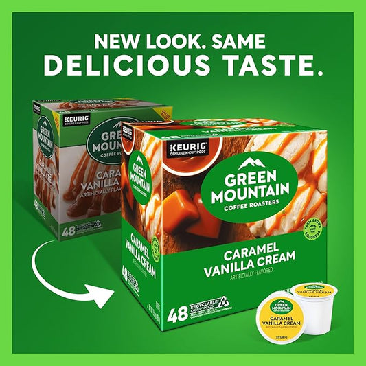 Green Mountain Coffee Roasters Caramel Vanilla Cream, Single-Serve Keurig K-Cup Pods, Flavored Light Roast Coffee Pods, 48 Count
