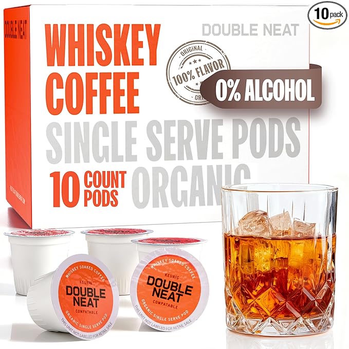 Double Neat Organic Whiskey Coffee Pods – Keurig Compatible – Single Serving Bourbon Coffee K Cups – Unique Coffee Gifts for Men – Premium Gourmet Coffee Pods Gift Set – 10 Count