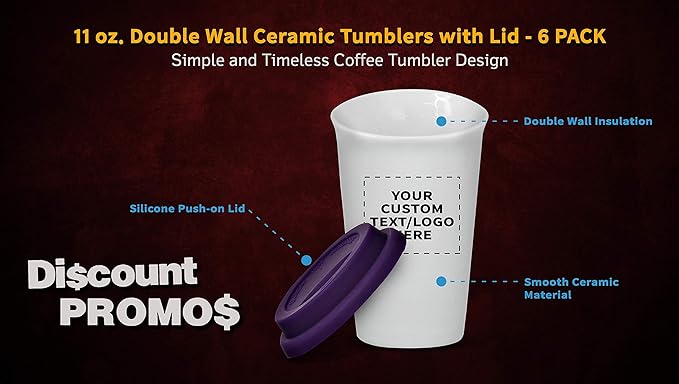 Personalized 11 oz. Double Wall Ceramic Tumblers with Lid - 6 Pack - Custom Text, Logo - Purple